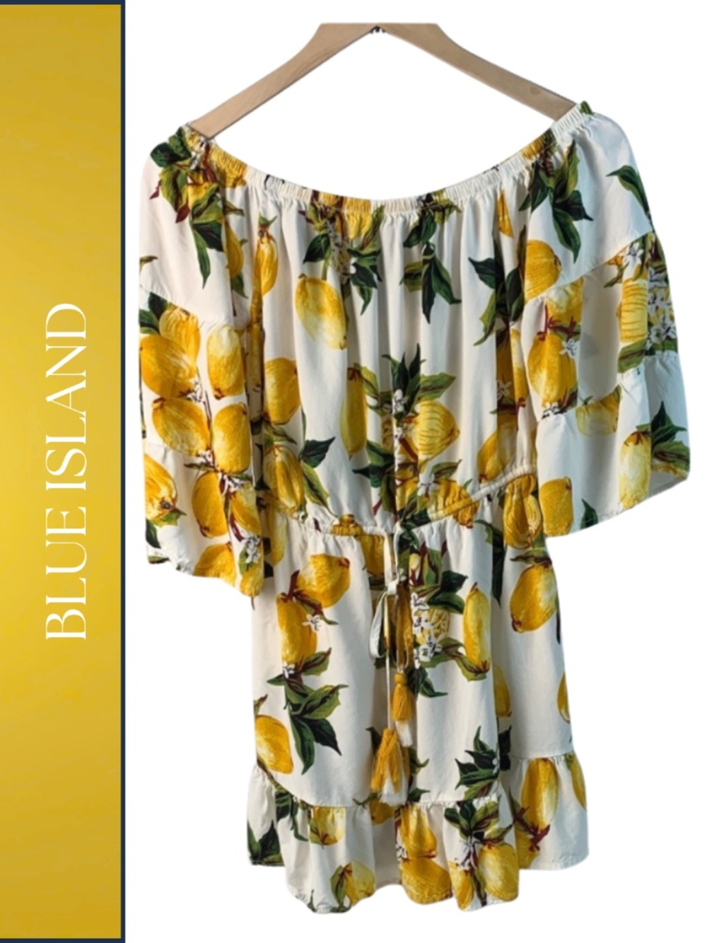 Blue Island Lemon Print Off-Shoulder Babydoll Swim Coverup Women's M Vacation